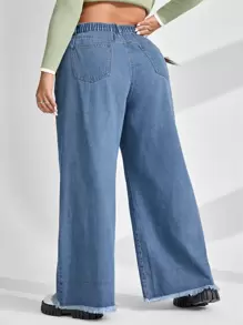 Plus High Waist Raw Hem Wide Leg Jeans - Medium Wash - View 2