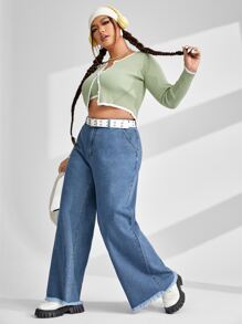 Plus High Waist Raw Hem Wide Leg Jeans - Medium Wash - View 3
