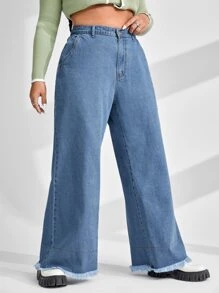 Plus High Waist Raw Hem Wide Leg Jeans - Medium Wash - View 4