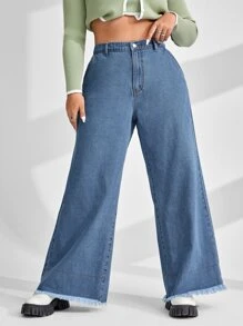 Plus High Waist Raw Hem Wide Leg Jeans - Medium Wash - View 5