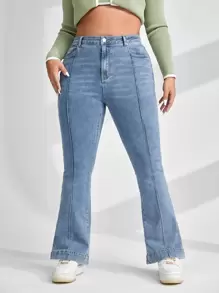 SHEIN EZwear 大碼前接縫牛仔喇叭褲 - 淺色水洗藍 - 查看 1