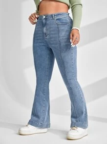 SHEIN EZwear 大碼前接縫牛仔喇叭褲 - 淺色水洗藍 - 查看 3