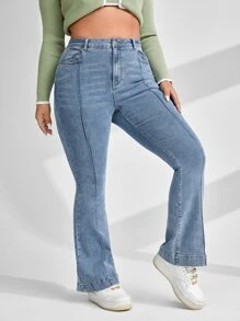 SHEIN EZwear 大碼前接縫牛仔喇叭褲 - 淺色水洗藍 - 查看 4