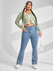 SHEIN EZwear 大碼前接縫牛仔喇叭褲 - 淺色水洗藍 - 查看 5