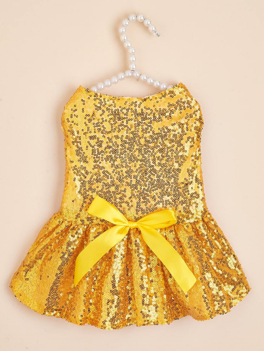 1pc Bow & Sequin Decor Pet Dress - Gold - View 1