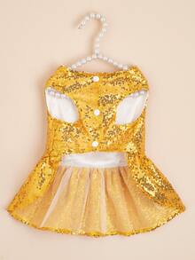 1pc Bow & Sequin Decor Pet Dress - Gold - View 4