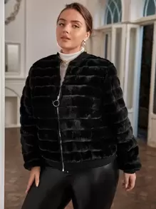 SHEIN Privé 大碼棒球領毛茸茸外套 - 黑色 - 查看 3