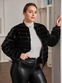 SHEIN Privé 大碼棒球領毛茸茸外套 - 黑色 - 查看 4