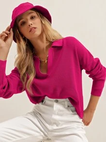 EURMUSE Drop Shoulder Knit Top - Hot Pink - View 1