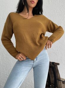 EURMUSE 素色落肩袖套頭毛衣 - 芥末黃 - 查看 1