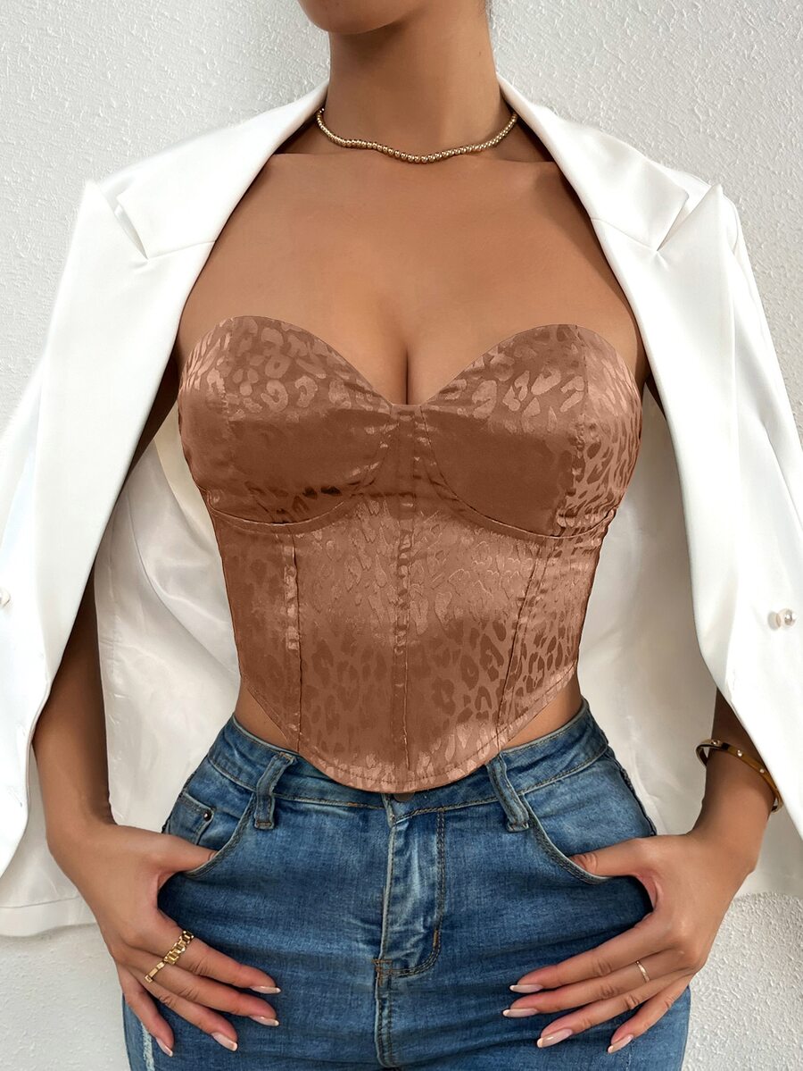 SHEIN Privé Leopard Jacquard Lace Up Back Bustier Tube Top - Khaki - View 1