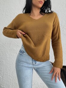 EURMUSE 素色落肩袖套頭毛衣 - 芥末黃 - 查看 4