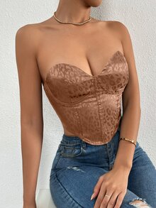 SHEIN Privé Leopard Jacquard Lace Up Back Bustier Tube Top - Khaki - View 5