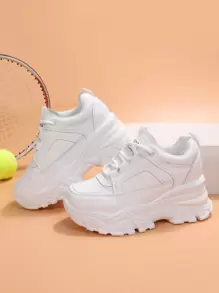 Letter Graphic Lace-up Front Wedge Sneakers - White - View 1