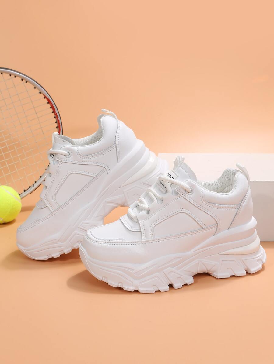 Letter Graphic Lace-up Front Wedge Sneakers - White - View 1