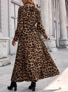 Vestido con estampado de leopardo de muslo con abertura sin cinturón - Multicolor - Ver 2