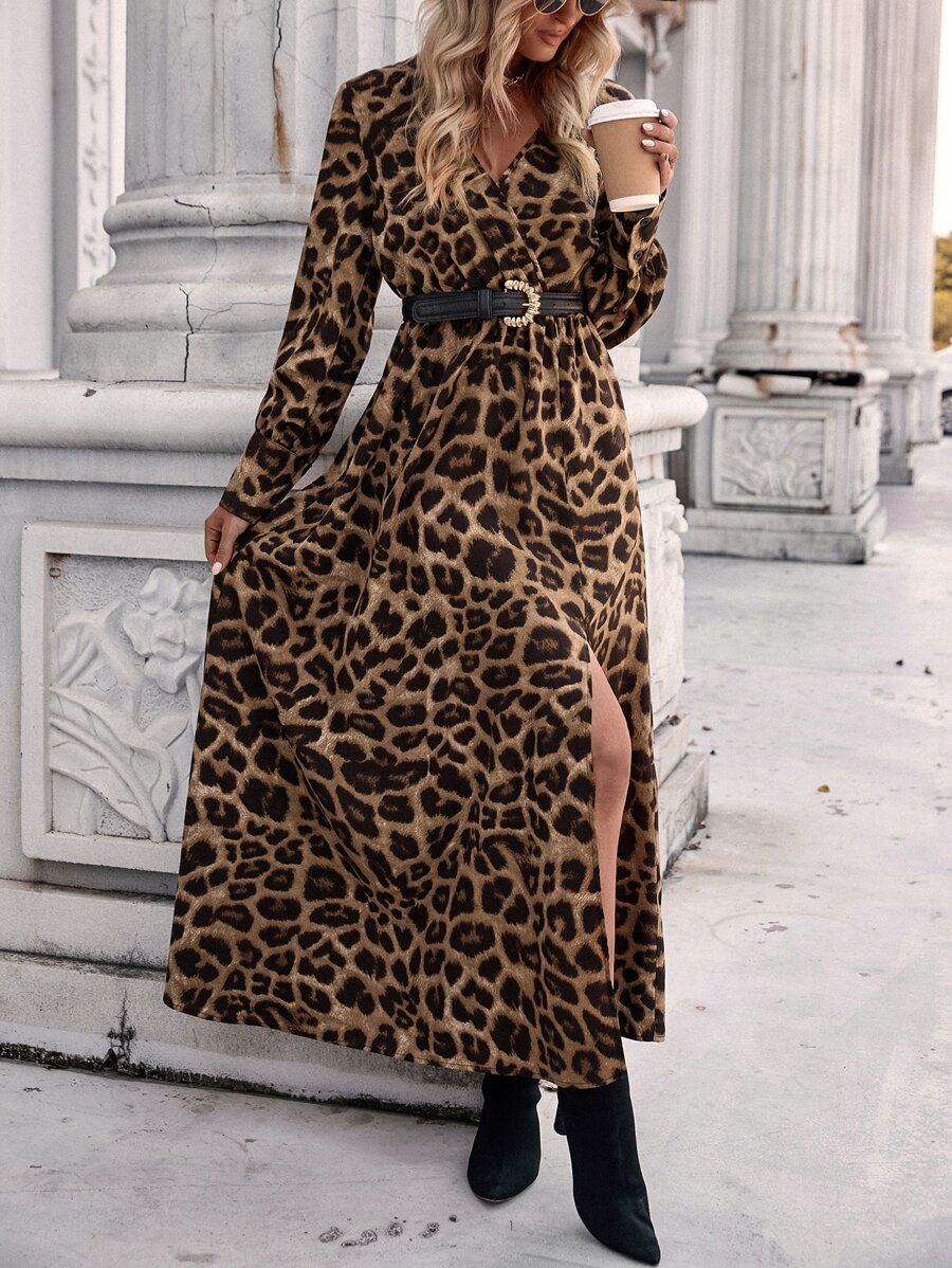 Vestido con estampado de leopardo de muslo con abertura sin cinturón - Multicolor - Ver 1