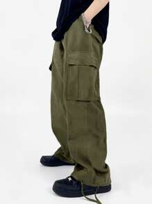 Manfinity Hypemode Men Flap Pocket Side Drawstring Waist Cargo Trousers - Army Green - View 1