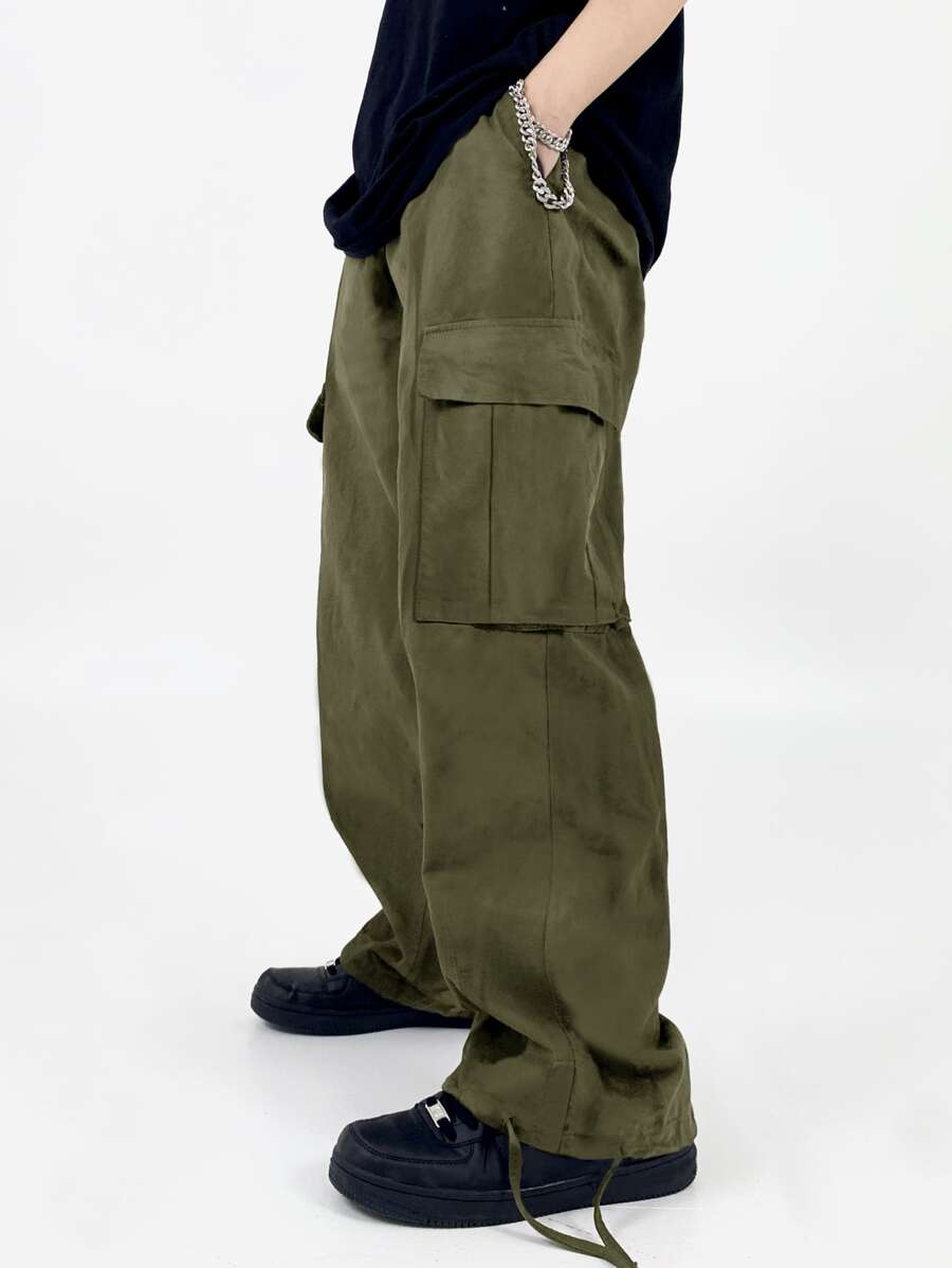 Manfinity Hypemode Men Flap Pocket Side Drawstring Waist Cargo Trousers - Army Green - View 1