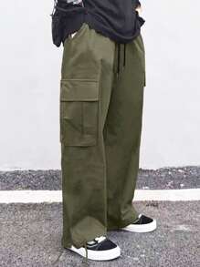 Manfinity Hypemode Men Flap Pocket Side Drawstring Waist Cargo Trousers - Army Green - View 3