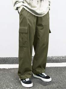 Manfinity Hypemode Men Flap Pocket Side Drawstring Waist Cargo Trousers - Army Green - View 4