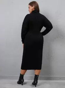 Mulvari Plus Cable Knit Turtleneck Sweater Dress Without Belt, For Winter - Black - View 2