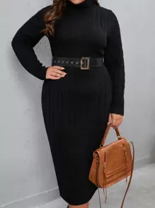 Mulvari Plus Cable Knit Turtleneck Sweater Dress Without Belt, For Winter - Black - View 4