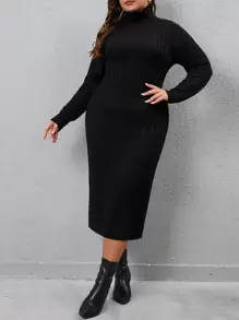 Mulvari Plus Cable Knit Turtleneck Sweater Dress Without Belt, For Winter - Black - View 5