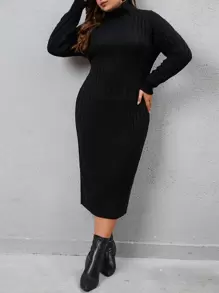 Mulvari Plus Cable Knit Turtleneck Sweater Dress Without Belt, For Winter - Black - View 6