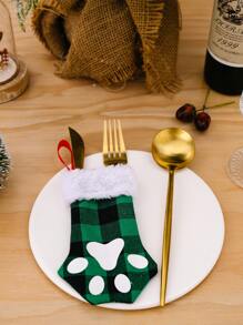 1PC Christmas Cat Paw Tableware Knife And Fork Bag Pouche For Dinner Table, Holiday Tableware, Party Supplies, Festive Design, Lightweight Pouches, Durable Material, Utensil Holders, Tableware Covers, Christma Stocking For Cat, Cat Christma Stocking, Cat Stocking - Multicolor - View 3