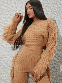 Cable Knit Fringe Trim Cropped Sweater - Khaki - View 1