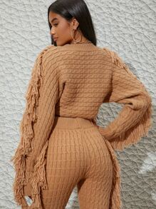 Cable Knit Fringe Trim Cropped Sweater - Khaki - View 2