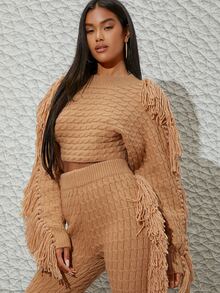Cable Knit Fringe Trim Cropped Sweater - Khaki - View 3