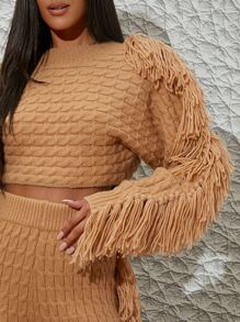 Cable Knit Fringe Trim Cropped Sweater - Khaki - View 4