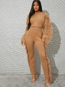 Cable Knit Fringe Trim Cropped Sweater - Khaki - View 5