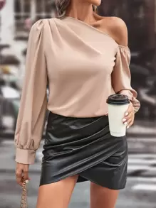 SHEIN Privé Áo sơ mi nữ Bất đối xứng màu trơn Giải trí - Màu be - Xem 1