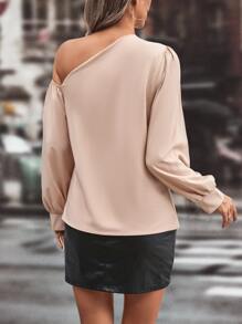 SHEIN Privé Áo sơ mi nữ Bất đối xứng màu trơn Giải trí - Màu be - Xem 2