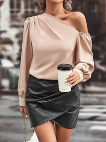 SHEIN Privé Áo sơ mi nữ Bất đối xứng màu trơn Giải trí - Màu be - Xem 3