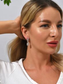 Cubic Zirconia Square Drop Earrings - Silver - View 5