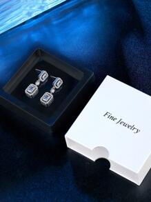 Cubic Zirconia Square Drop Earrings - Silver - View 6