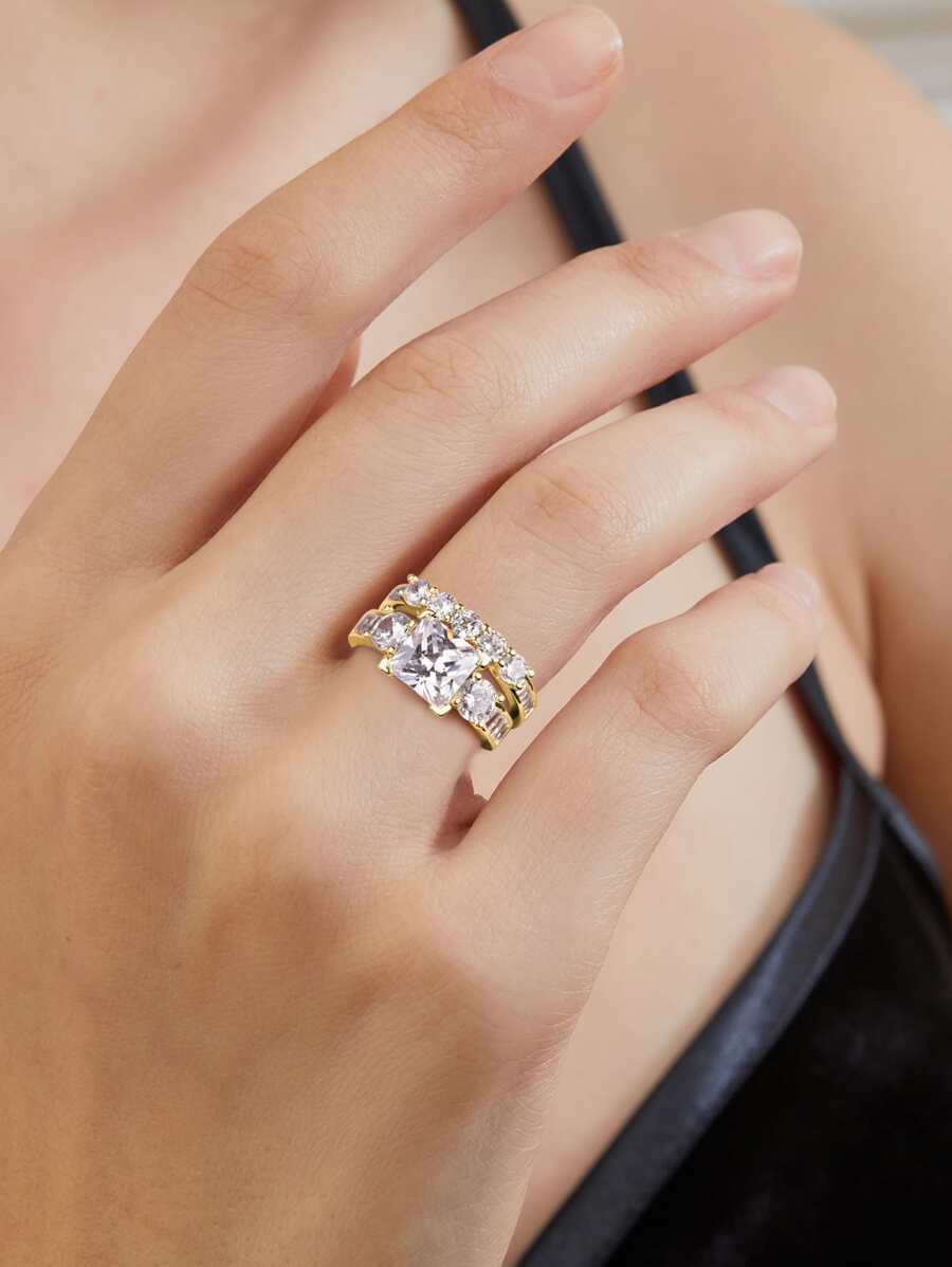 2入組豪華白銅石頭戒指,可疊積攢,支離破碎的情侶戒指 - 金黃色 - 查看 1