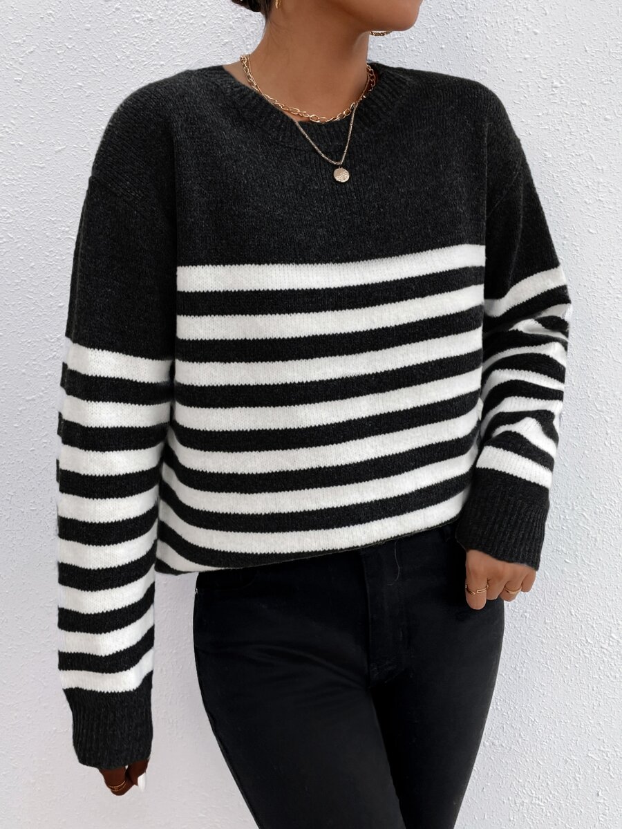 SHEIN Frenchy Jersey de rayas de hombros caídos - Blanco y Negro - Ver 1