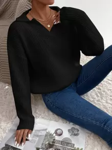 EURMUSE Solid Drop Shoulder Sweater - Black - View 1