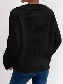 EURMUSE Solid Drop Shoulder Sweater - Black - View 2