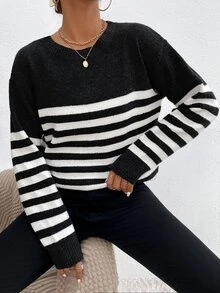 SHEIN Frenchy Jersey de rayas de hombros caídos - Blanco y Negro - Ver 3