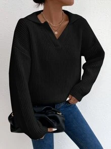 EURMUSE Solid Drop Shoulder Sweater - Black - View 3