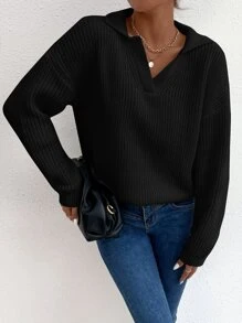 EURMUSE Solid Drop Shoulder Sweater - Black - View 4