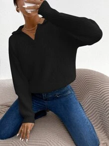 EURMUSE Solid Drop Shoulder Sweater - Black - View 5