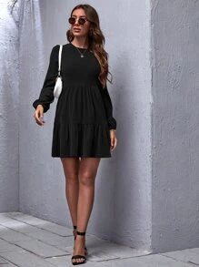 SHEIN Clasi 荷葉邊羅紋針織洋裝 - 黑色 - 查看 3