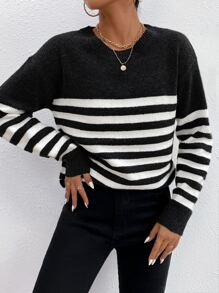 SHEIN Frenchy Jersey de rayas de hombros caídos - Blanco y Negro - Ver 5